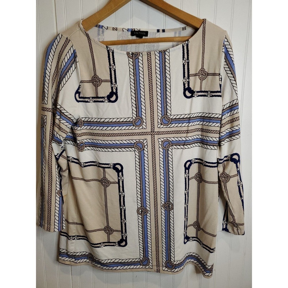 Talbots Tunic Top Medium Nautical Anchors Rope Boat Neck 3 Qtr Sleeve stretchy
